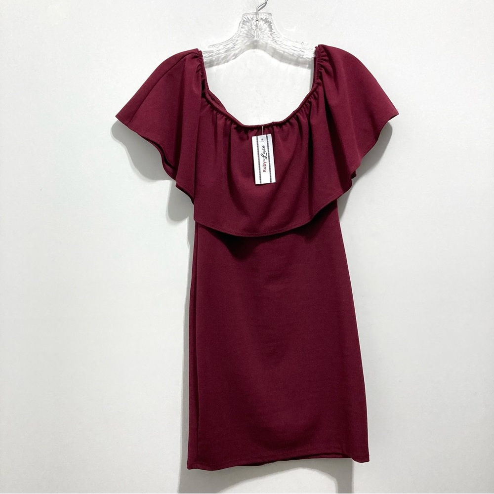 NWT Ruby & Lace Maroon Burgundy Cranberry Ruffle Top Mini Dress
